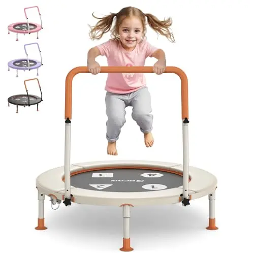 BCAN BT1 36'' Foldable Toddler Trampoline in beige with adjustable handle and foldable legs