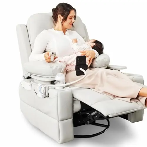 MAMAZING vanilla electric power swivel recliner nursing chair with adjustable armrests and USB ports