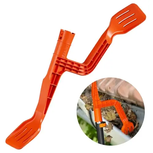 KINGLEV orange mini gutter cleaning rake tool designed to attach to an extension pole.