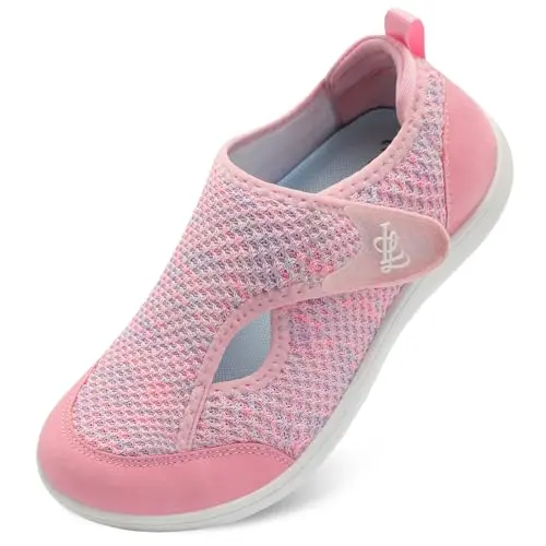 LeIsfIt women's pink wide barefoot walking shoes with adjustable straps and mesh upper