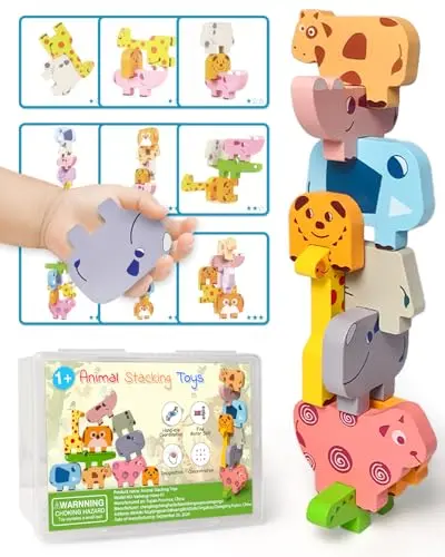 Vaiheng wooden animal blocks stacking puzzle toy for toddlers in storage box
