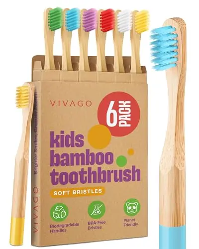 VIVAGO Kids Bamboo Toothbrushes 6 pack with colored bristles