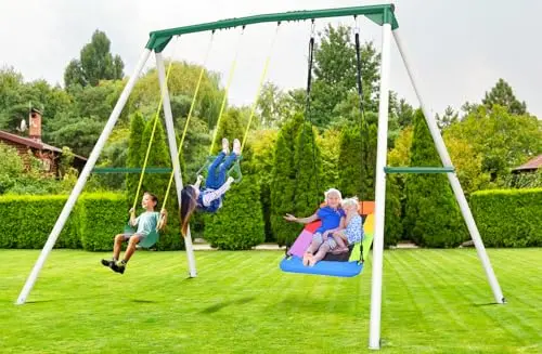 Hapfan tall white and green metal swing set with a rectangular platform swing, trapeze bar, and belt swing