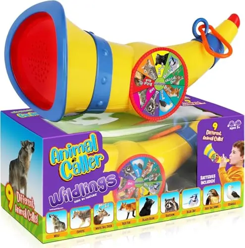 Wildlings animal caller toy with dial and clip, showing animal sounds