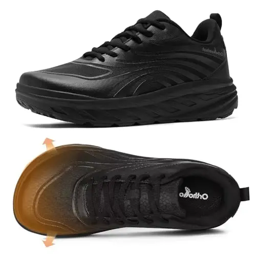 Women's black orthopedic running sneakers with a wide front and sleek design
