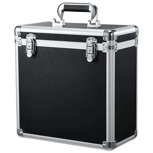 Black aluminum hard-case storage box for vinyl records with a latch, handle, and mesh storage pockets.