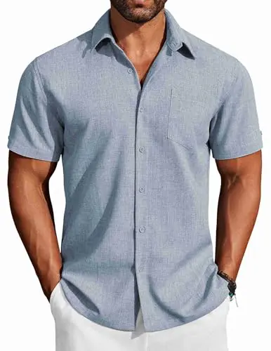 COOFANDY light denim blue short sleeve linen shirt for men