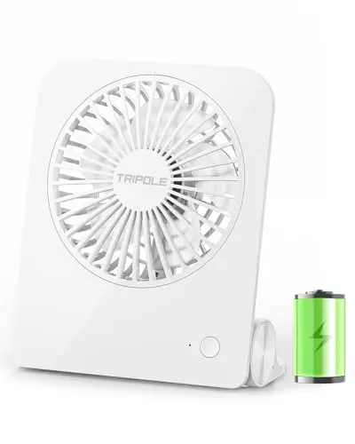 TriPole small white portable desk fan folded on a table