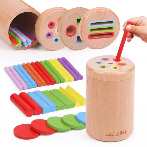 ALLABC wooden Montessori toy with shape sorter and coin box lids