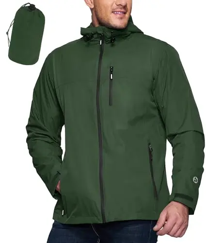 Outdoor Ventures men's packable rain jacket with hood, shown in a cycling context