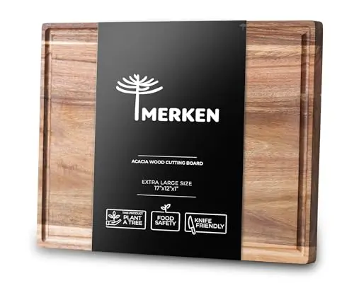 MERKEN Acacia Wood Cutting Board showing rich wood grain and deep juice groove