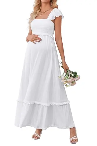 OUGES white square neck maternity maxi dress with ruffle sleeves