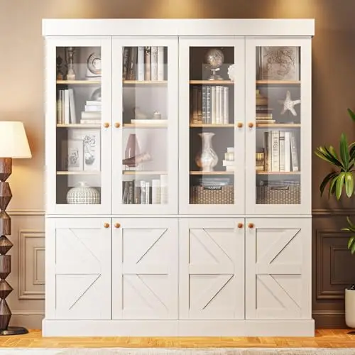 ivaniti White Farmhouse Style Pantry Cabinet with Glass Doors