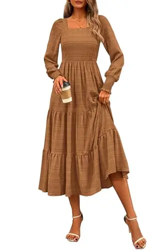 CFLONGE brown puff sleeve square neck maxi dress with smocked waist