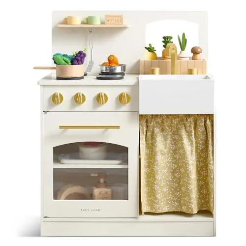 Small wooden play kitchen set with cutting food toys and frying pan