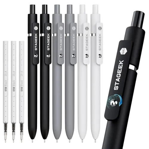 STAGEEK set of six black, gray, and white gel pens with refills