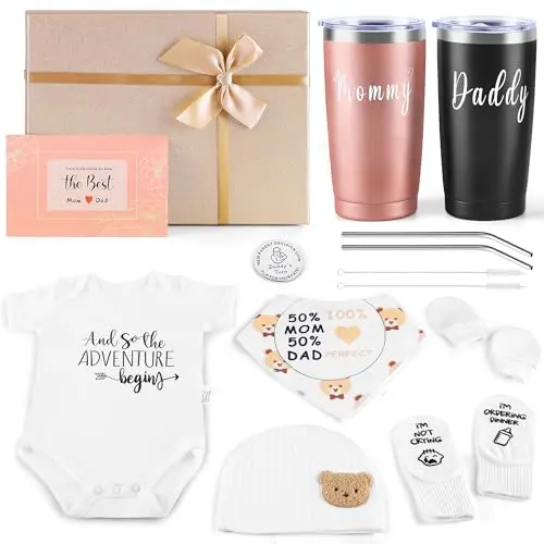 ASUKIN New Parents Gift Basket with stainless steel Mom and Dad tumblers, baby beanie, onesie, mittens, bibs, socks, and a decision coin.