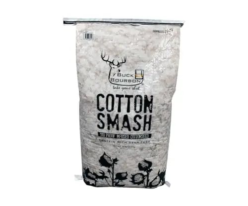 Buck Bourbon Cotton Smash deer feed bag showing whole cotton seeds.