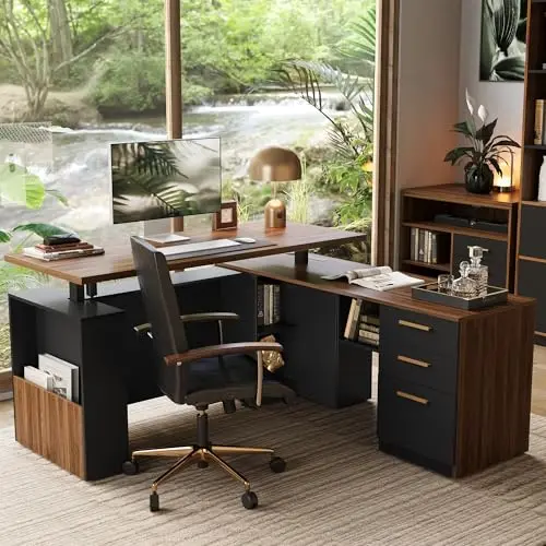ModernMate executive L-shaped electric standing desk with file cabinet