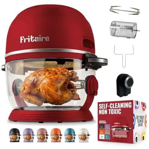 Fritaire Air Fryer Pro in cherry color with glass bowl and accessories