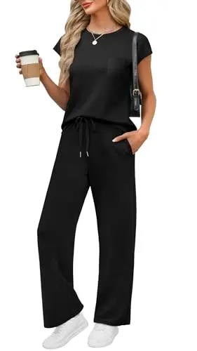 WIHOLL women's two-piece travel set with a cap-sleeve top and wide-leg pants in black