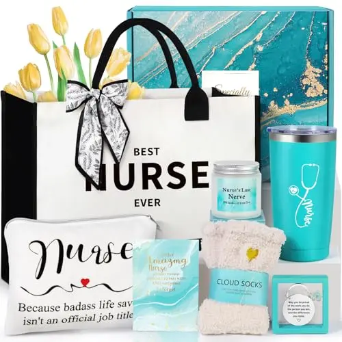 Suhctuptx nurse gift basket with tote bag, tumbler, candle, socks, and accessories