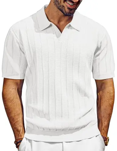 PJ PAUL JONES Men's V-Neck Knit Polo Shirt in white, lightweight for summer