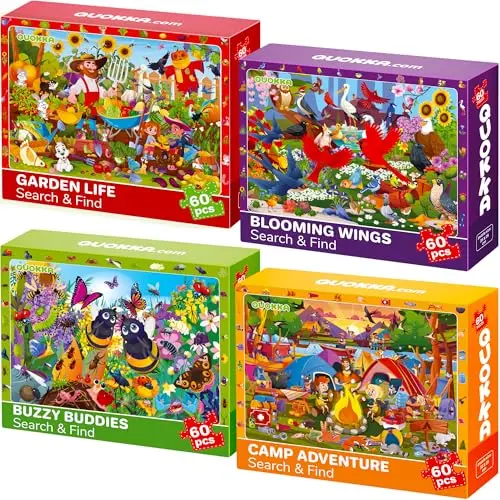 Quokka search and find jigsaw puzzles for kids with bird, camping, garden, and bug themes