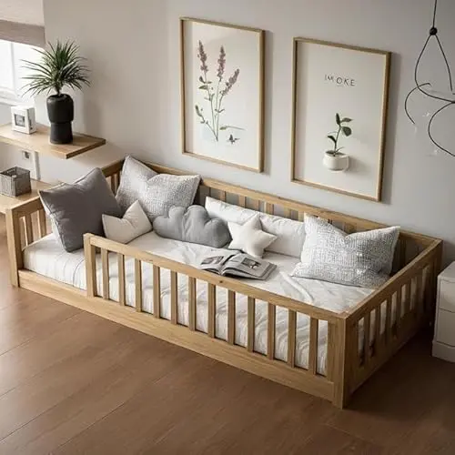 PVWIIK natural wood finish floor bed with safety guardrails and wood slats