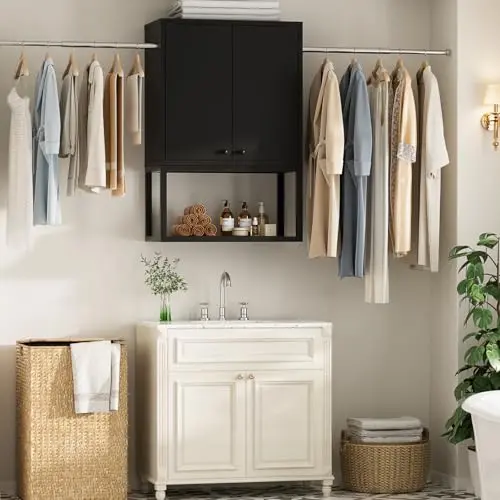Homieasy black wall cabinet with integrated clothes hanging rods