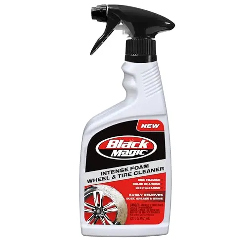 Black Magic Intense Foam Wheel & Tire Cleaner producing thick foam on a tire