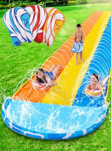 Sloosh 22.5 foot wide triple lane lawn water slide with three inflatable body boards