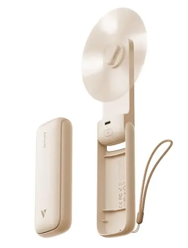 Aecooly slim beige handheld fan with foldable stand