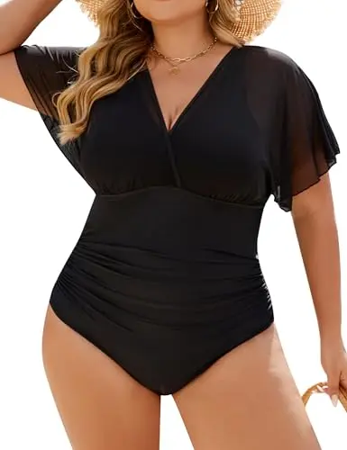 Blooming Jelly black plus-size one-piece maternity swimsuit with mesh butterfly sleeves