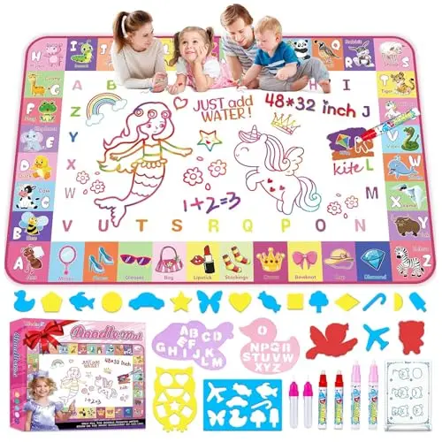 Large pink water drawing mat for toddlers with pens and stencils