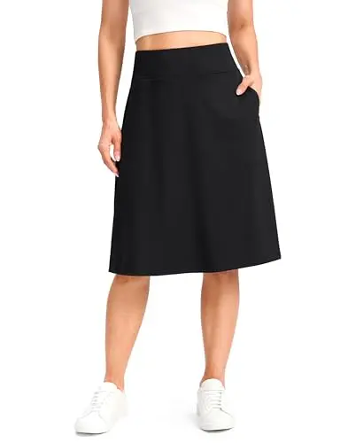 Viodia knee-length modest skort for women in black with deep pockets, ideal for summer travel.
