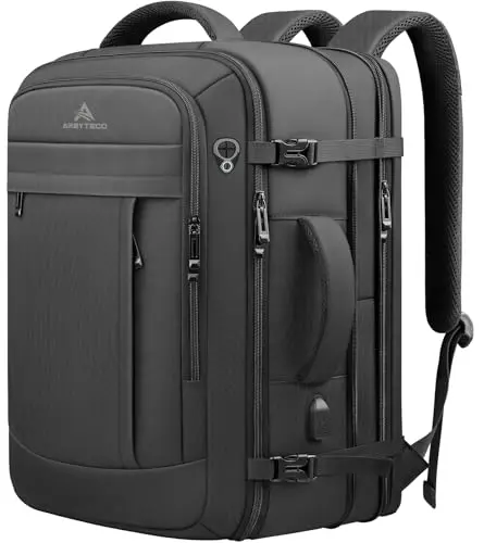 60L extra large expandable black travel backpack for men and women