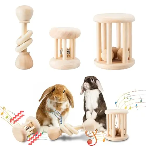 AOWPFVV 3-piece wooden chew toy set for rabbits in different sizes