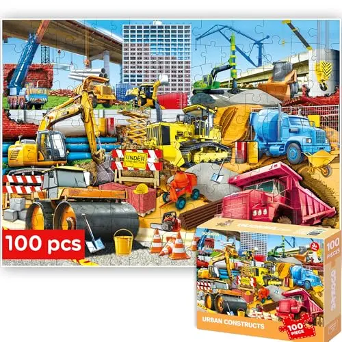 Quokka 100-piece jigsaw puzzle featuring a colorful cars and trucks theme