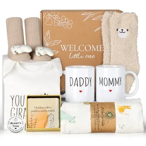 Khaki-colored gift basket with animal-themed baby items, mom and dad mugs, and affirmation cards