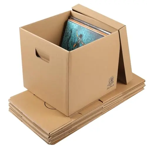 Set of eight kraft cardboard boxes for vinyl records with lids and built-in handles.