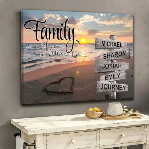 A frameless canvas print designed like a vintage street sign, personalized with a family's last name and the names of family members.