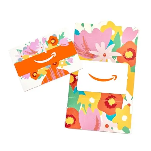 Physical Amazon Gift Card inside a mini envelope with a Flower Bouquet design for Mother's Day