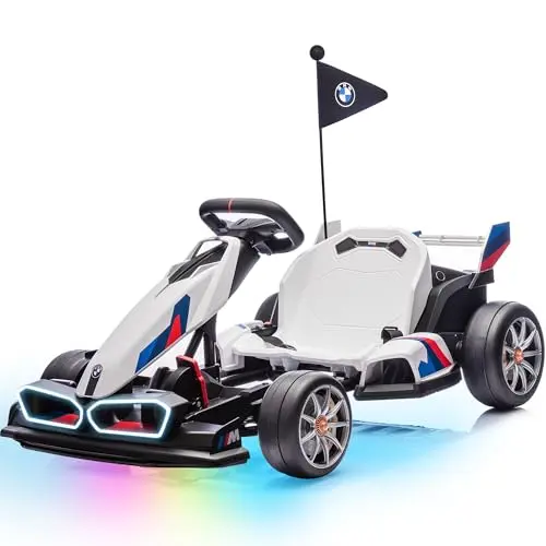 Wanan 24V electric go kart with BMW styling, white body, LED lights, and drift tires.
