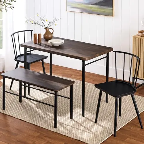 Best Choice Products farmhouse dining table set with dark brown top, two spindle chairs, and bench
