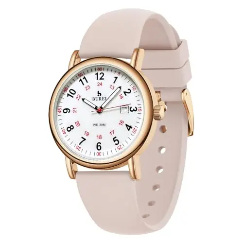 BUREI nurse watch with white, gold, and pink color scheme