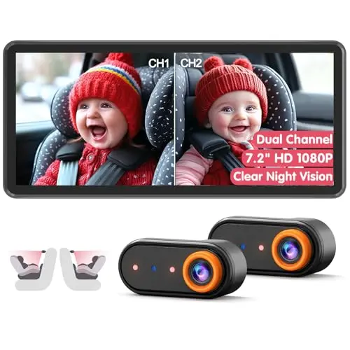 LUCKVIEW BM5 PRO 7.2-inch dual-channel baby car camera system with two cameras.