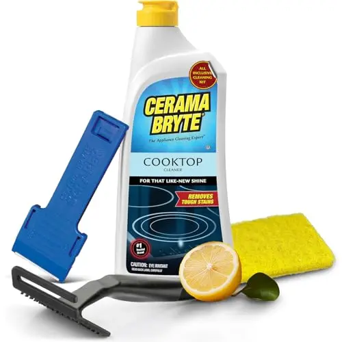 Cerama Bryte Glass Cooktop Cleaner Combo Kit with cleaner bottle, scraper, grip pad, and cleaning pad