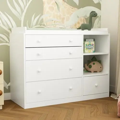 Timechee white baby changing table dresser with five drawers and two open shelves