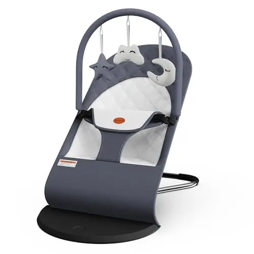 Mommyhug portable baby bouncer seat in gray with toy bar
